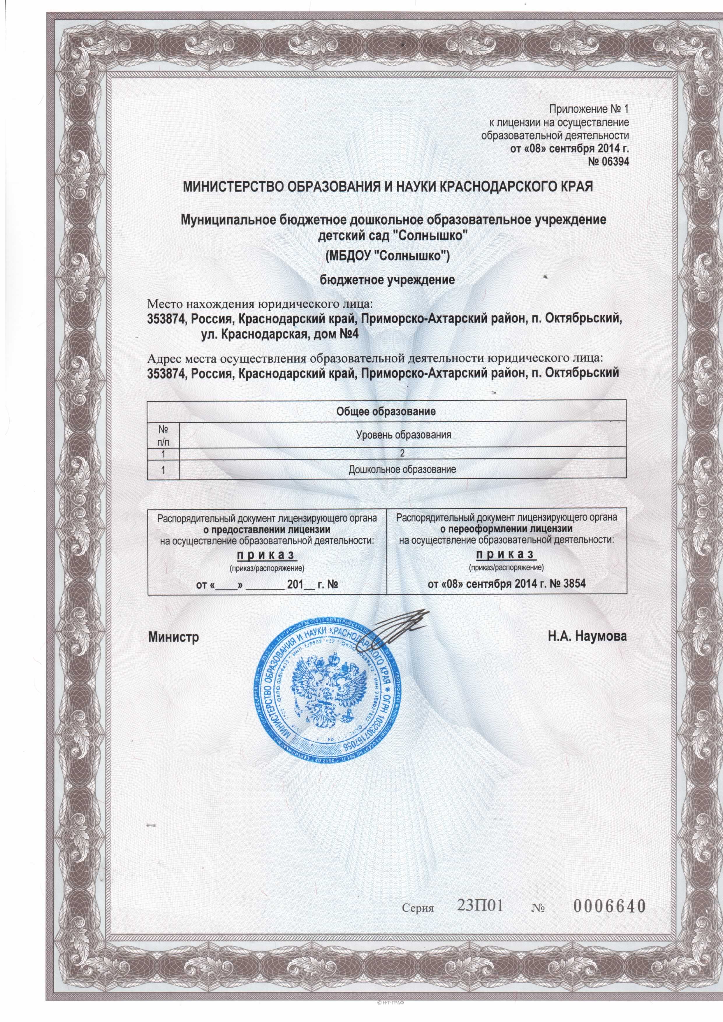 Приложение к Лицензии на осуществление образовательной деятельности от 08.09.2014